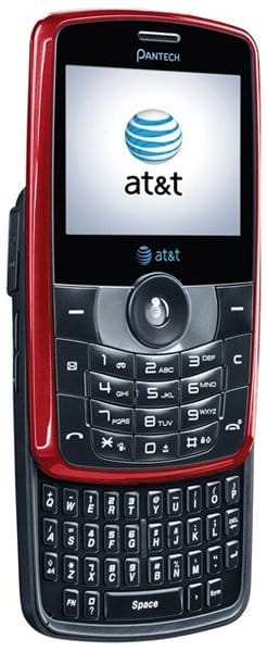 Pantech Reveal front view, red slider phone with screen displaying AT&T logo and full QWERTY keyboard below
