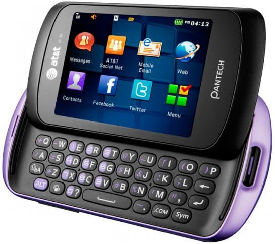Pantech Swift front view, purple and black slider phone with screen displaying apps and slide-out QWERTY keyboard