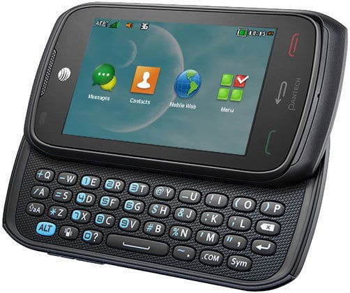 Front view of black Pantech Vybe with slide-out QWERTY keyboard, screen showing app icons and a planet-themed wallpaper.