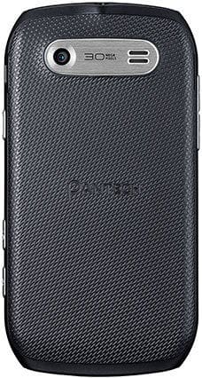 Rear view of black textured Pantech Vybe showing silver panel, 3.0 MP camera, and speaker grille.