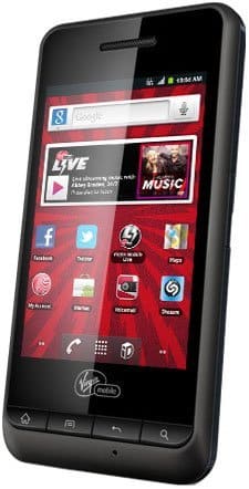 Black PCD Chaser Virgin Mobile smartphone angled to show front display with Facebook, YouTube apps and top music widget visible.