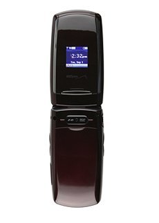 Front view of an open PCD Escapade flip phone with small external display showing time, date, signal; dark glossy finish.