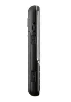 PCD MSGM8 mobile phone, side view, black exterior with control buttons and ports visible along the edge
