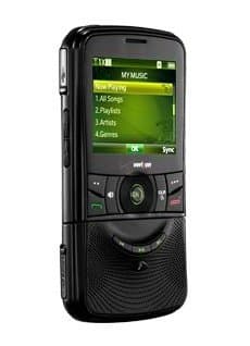 PCD Razzle front view, black phone with green music player screen and physical keyboard