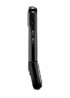 PCD Razzle phone, side view, black flip phone with external screen and keypad