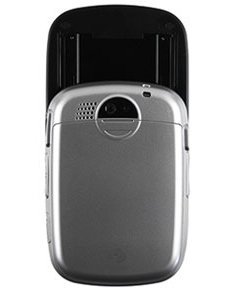 Rear view of a silver flip phone, possibly PCD TXTM8, partially open to show the hinge and upper section of the device.