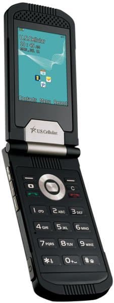 PCD Wrangler flip phone, open, showing turquoise home screen and numeric keypad with US Cellular branding