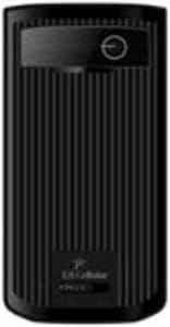 PCD Wrangler phone, front view, black candybar device with vertical ribbed back and circular button on top