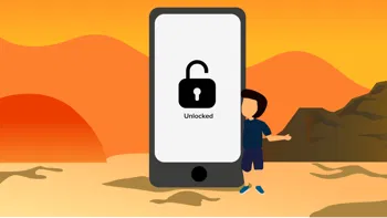 Person standing beside large phone displaying unlocked padlock icon against orange landscape background