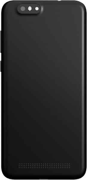 Pine64 Pinephone rear view, black case with dual camera and speaker grille visible