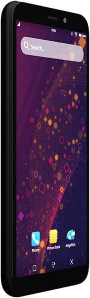 Pine64 Pinephone smartphone shown from the front at an angle, displaying purple home screen with search bar, app icons, and geometric pattern wallpaper