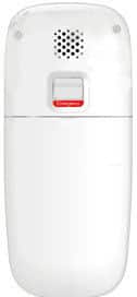 White cylindrical Companion device with speaker grille and red button, front view