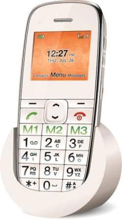 Companion mobile phone, front view, with numeric keypad, orange display showing time and menu options, and colored function buttons