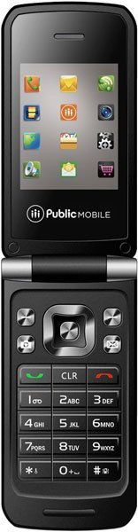 Public Mobile flip phone, open position showing screen with app icons and physical keypad below
