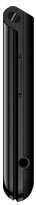 Flip phone closed, shown in black from the front, displaying narrow vertical profile with buttons along the spine