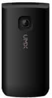 Flip phone in black, closed position, showing rear view with camera lens and branding