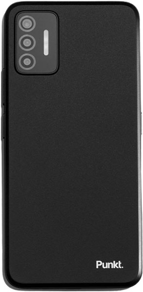 Rear view of black Punkt MC02 showing triple cameras and flash in top left; "Punkt." logo in white at bottom right.