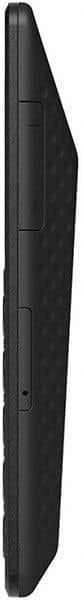 Side view of slim, black Punkt MP01 with textured finish, displaying two rectangular buttons and a small circular port.