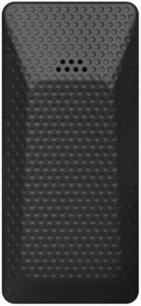 Front view of the black Punkt MP01 phone showing a textured, dimpled surface and two rows of small holes near the top center.