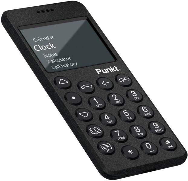 Punkt MP02 mobile phone front view, displaying menu screen with Calendar, Clock, Notes, Calculator, and Call History options above physical keypad