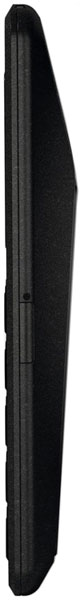 Punkt MP02 phone shown from the side, narrow black rectangular device with a small screen panel visible
