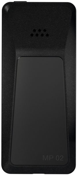 Punkt MP02 mobile phone, rear view, showing textured black surface with speaker grille and MP02 label