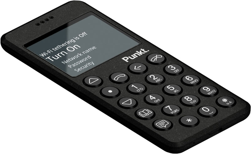 Punkt MP02 mobile phone, front view, with small screen displaying WiFi and network settings, and physical keypad below