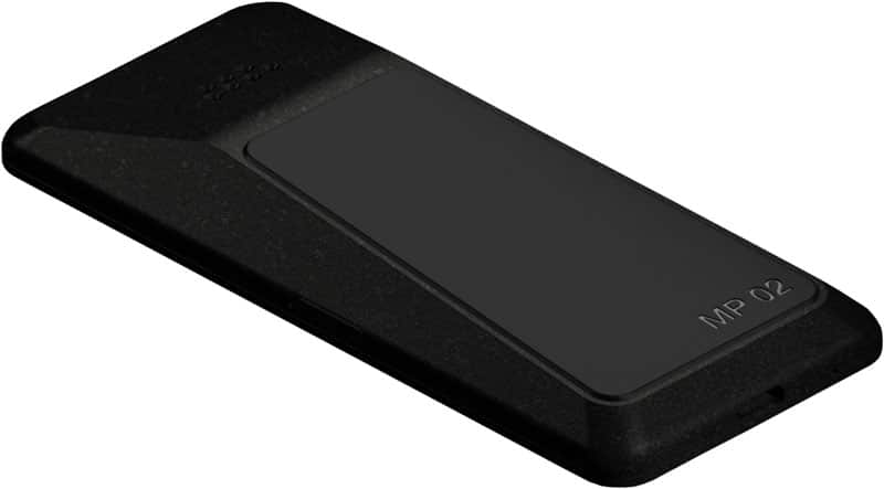 Punkt MP02 mobile phone, front view, with black casing and small display screen