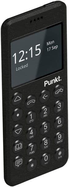 Punkt MP02 mobile phone, front view, displaying time 12:15 and locked status on screen with numeric keypad below