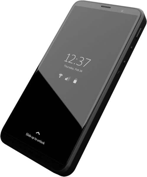 Front view of black Purism Librem 5 showing lock screen with time 12:37, date, status icons, and "Slide up to unlock" prompt.