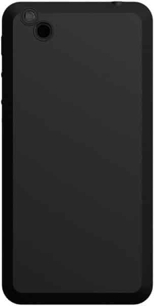 Rear view of a black Purism Librem 5-style phone showing camera and flash in top left; plain back, rounded edges, no branding.