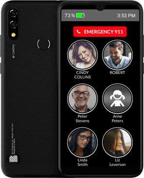 Raz Memory Cell Phone front view showing emergency 911 button and contact photos for Cindy Collins, Robert, Pierre Martin, Anne Peters, Linda Smith, and Leverson on home screen