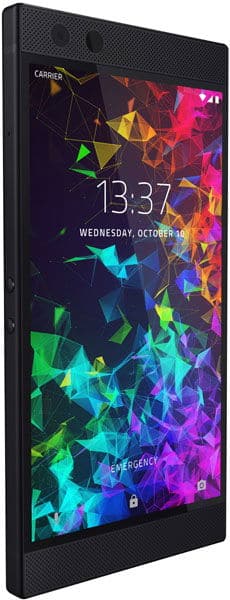 Razer Phone 2 front view displaying colorful abstract geometric pattern on screen with time 13:37 and date Wednesday, October 24