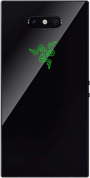 Razer Phone 2 rear view, black glass back with green triple-camera setup and Razer three-snake logo