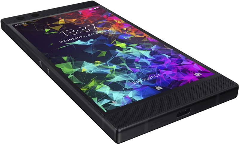 Razer Phone 2 front view, displaying colorful geometric pattern on screen with time 4:37 and date shown
