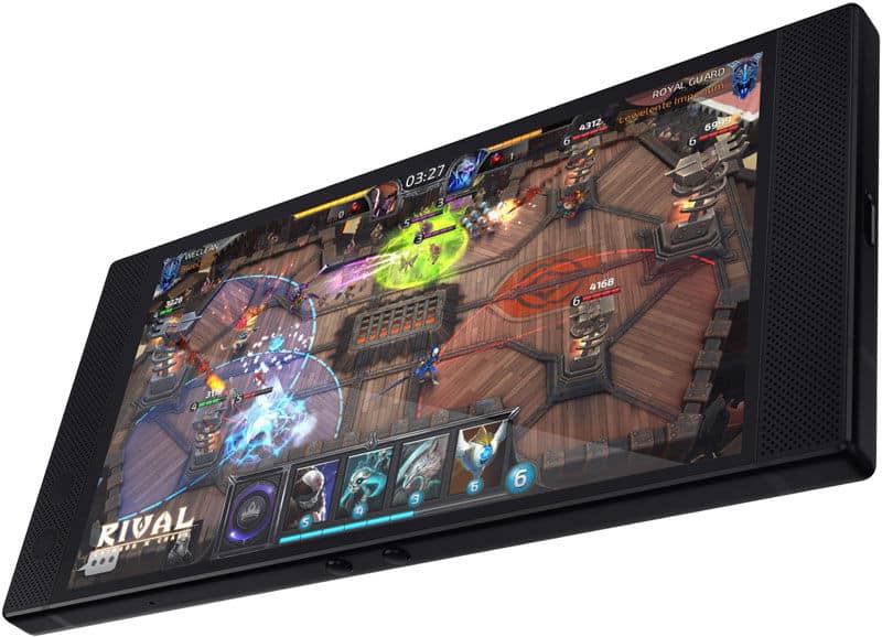 Razer Phone 2 front view displaying a multiplayer action game with colorful spell effects and UI elements on screen