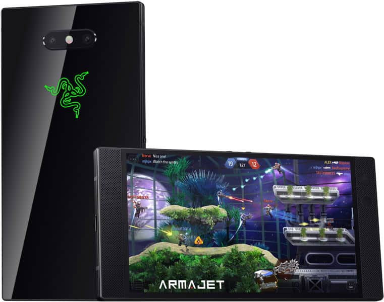 Razer Phone 2 rear view showing black glass back with triple-lens camera and glowing green triple-snake logo, next to screen-on display of action game