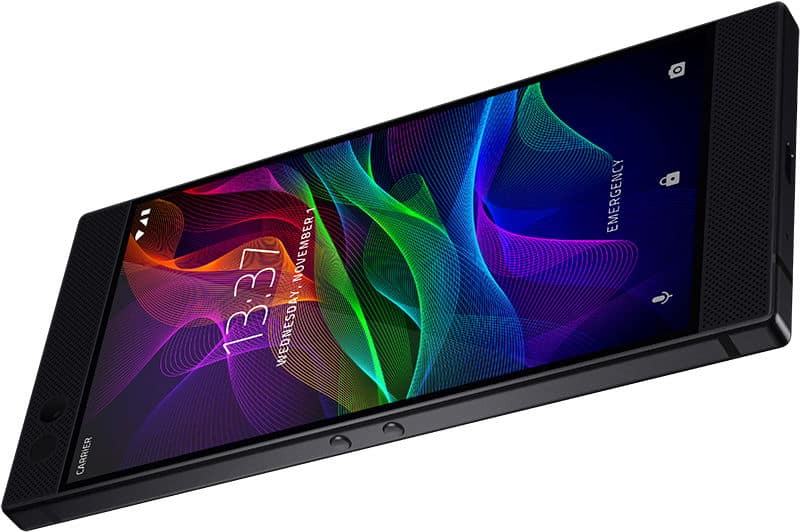 Razer Phone front view showing colorful abstract digital wallpaper with blue, green, and purple waves on the display and textured black bezels