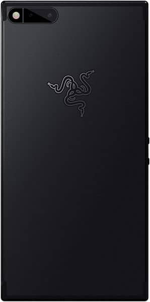 Razer Phone rear view, black with triple-lens camera and triple-snake logo