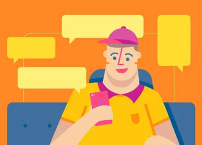 Illustration of a person in a yellow shirt and purple hat holding a phone, surrounded by yellow message bubbles on an orange background