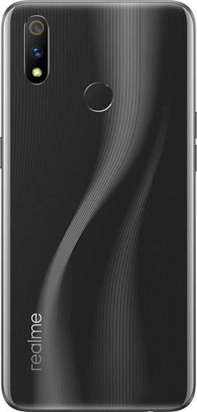 Realme 3 Pro rear view, black finish with curved wave pattern, dual camera and fingerprint sensor visible
