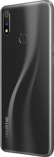 Realme 3 Pro rear view, black finish with curved design and dual camera setup