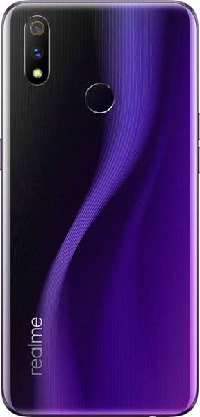 Realme 3 Pro rear view, black to purple gradient back with dual camera and fingerprint sensor