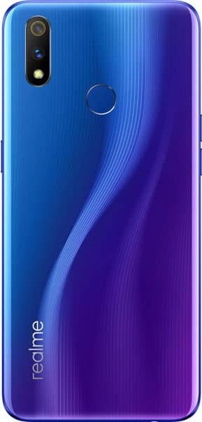 Realme 3 Pro rear view, blue to purple gradient back with vertical wave pattern, dual camera and fingerprint sensor visible