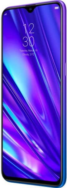 Realme 5 Pro front view, showing purple and blue gradient display with digital time and notification icons