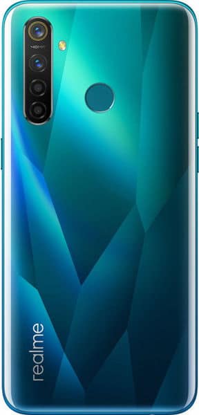 Realme 5 Pro rear view, showing quad camera setup on left side, fingerprint sensor, and teal gradient back panel with geometric design