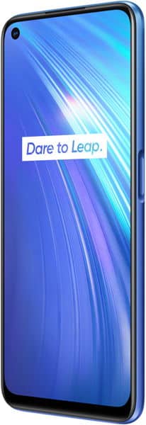 Realme 6 front view with blue display showing "Dare to Leap" slogan and waterdrop notch camera cutout