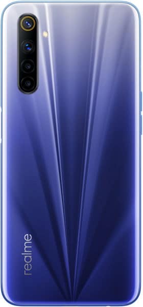 Realme 6 rear view, showing blue gradient back with vertical light streaks and triple camera setup