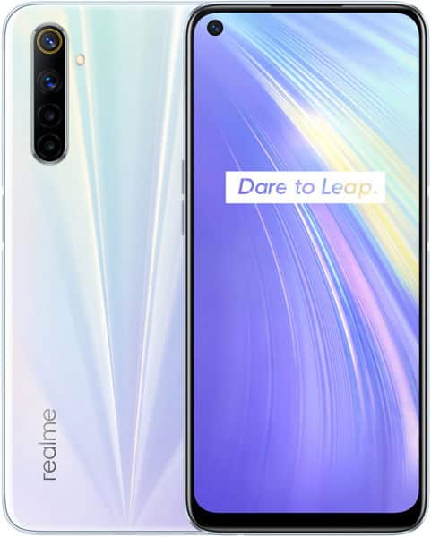 Realme 6 front and rear view showing white body with quad camera setup and purple gradient display with "Dare to Leap" text
