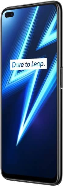 Front view of black Realme 6 Pro showing blue lightning graphic, "Dare to Leap" text, rounded edges, and dual front cameras.